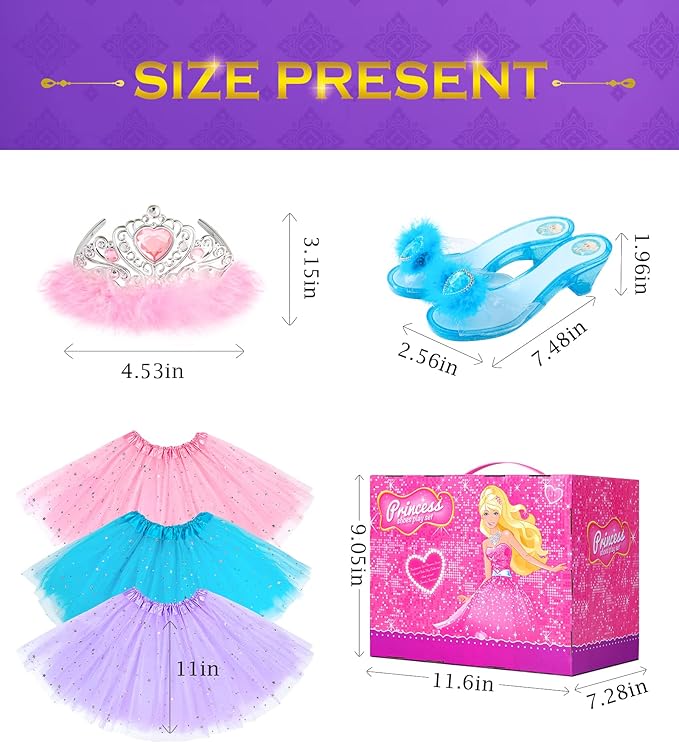 Princess Dress Up Shoes , Dress Up Clothes Pretend Play Costumes-3 Sets of Princess Shoes, Dresses and Crowns, Princess Accessory Toys for 3-6 yr Girl Birthday Gifts