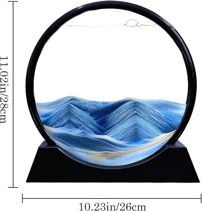 Aoderun Moving Sand Art Picture Round Glass 3D Deep Sea Sandscape in Motion Display Flowing Sand Frame Relaxing Desktop Home Office Work Decor (12", New Blue)