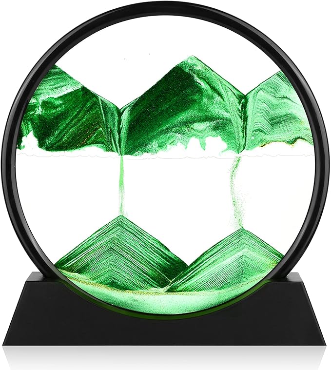 Moving Sand Art Picture - 3D Quicksand Painting Decor - Round Glass 3D Deep Sea Sandscape - Relaxing Home Decoration Desk Toys for Home Office Desk Mantle Bookshelf- (Green, 12 in)