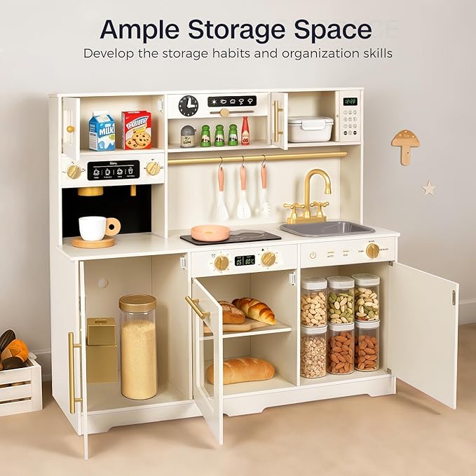 Kids Kitchen Playset, Wooden Toddler Play Kitchen Set Toys, Cooking Stove, Play Sink, Play Food, Kitchen Accessories for Baby Toddler Kids Toys, Pretend Toy Kitchen for Girls Ages 1-3