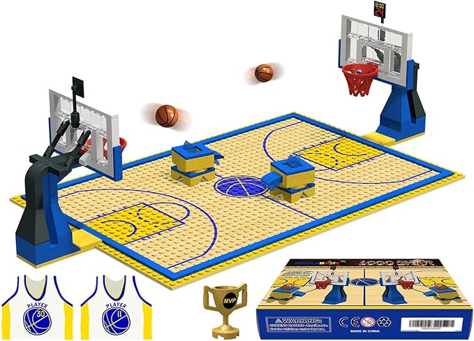 Building Blocks - Basketball Court Baseplates and Sets of 2 Basketball Hoop Basketball Goal Building Bricks for Basketball Game - Compatible with Major Brands (Basketball Playset/Blue)