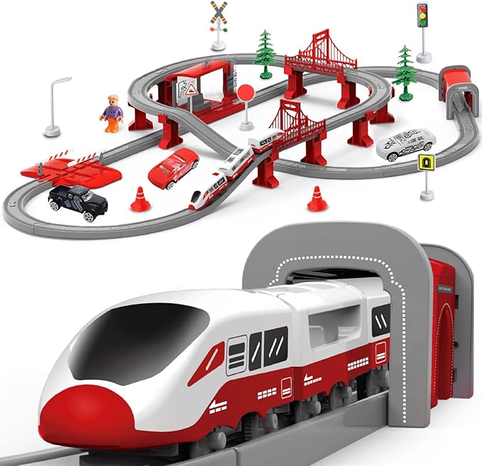 Train Sets for Toddlers, 104 Pcs Trains Toy with Battery Operated & Tracks (Magnetic Connection), Compatible with Thomas, Brio, Christmas Toy Gifts for 3 4 5 6 7 8 Years Old (Red 104PCS)