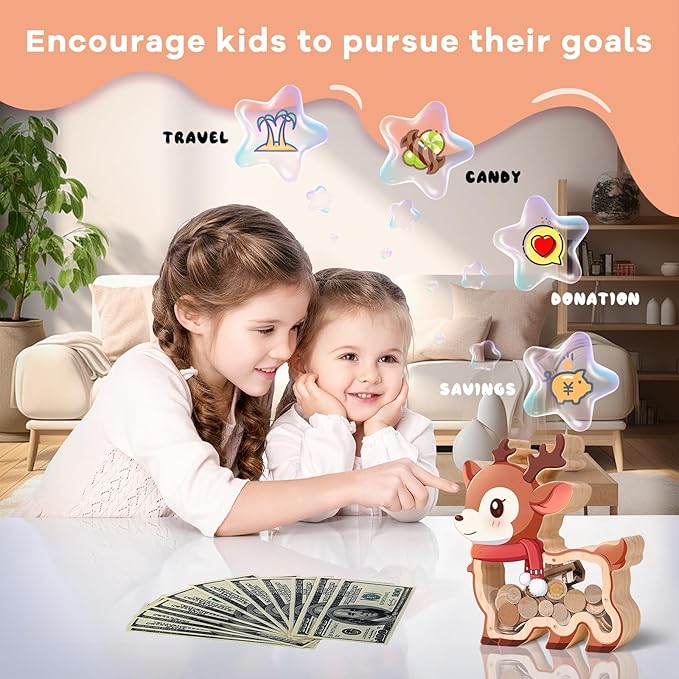 Wooden Reindeer Piggy Bank for Kids, Christmas Deer Money Bank for Boys Girls Toddler, Unbreakable Kids Money Box with Letter Sticker, Large Saving Coin Jar for Xmas Home Holiday Décor