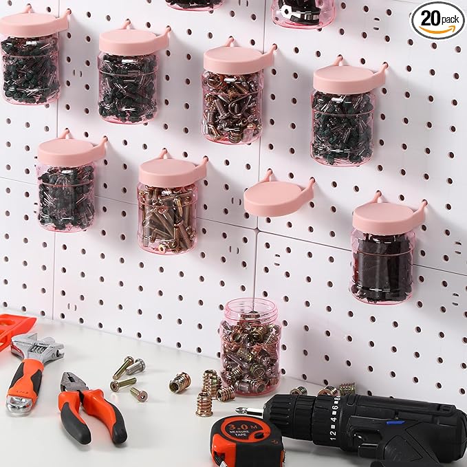 Unittype 20 Set Pegboard Organizer Accessories Peg Boards Jars with Lids Plastic Pegboards Bins Storage Containers Clear Peg Board Wall Organizer for Garage Sewing Office Home Supplies(Pink)
