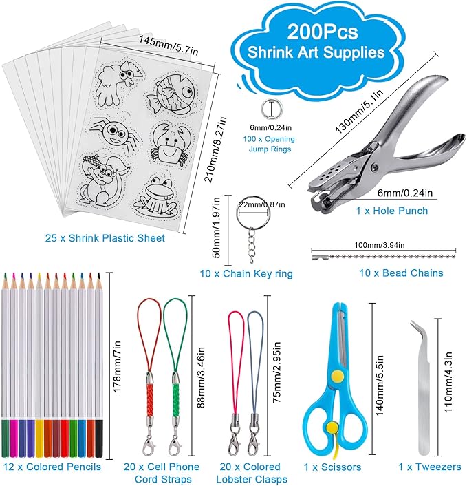 chfine Heat Shrink Plastic Sheets Keychain Kit, 200Pcs Shrinky Dink Sheets Kit Shrink Art Kits Including 20 Pcs Shrink Paper Sheets, Hole Punch, Pencils, Keychains, Tweezers, Scissors for Crafts