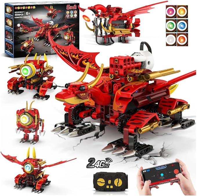 HOGOKIDS 5-in-1 Dragon Robot Building Toys with 6 Lighting Colors & 5 Light Effects - 354PCS Remote & App Control Robots Toy Set for Kids, RC Robot Building Toys Gifts for Teens Boys Girls Age 8-12