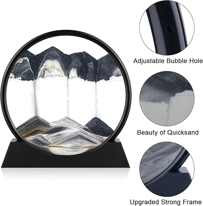 Moving Sand Art Picture - 3D Quicksand Painting Decor - Round Glass 3D Deep Sea Sandscape - Relaxing Home Decoration Desk Toys for Home Office Desk Mantle Bookshelf- (Black, 12 in)