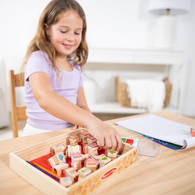 Melissa & Doug Wooden Stamp Set, Favorite Things - 26 Wooden Stamps, 4-Color Stamp Pad
