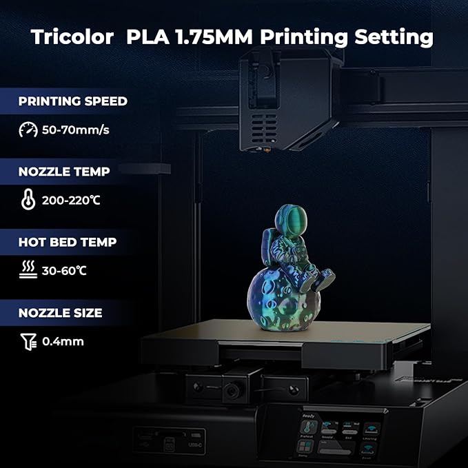 AMOLEN 3D Printer Filament, Triple Colors PLA Filament 1.75mm, Coextrusion Silk PLA Filament, Rainbow PLA Filament with Silk PLA Blue Green Purple, 3D Printing Filament +/-0.02mm, 1kg/2.2lbs