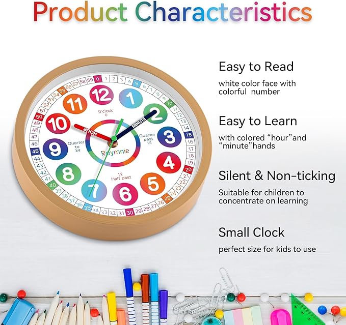 Wall Clock for Kids Learning - Teaching Time Wall Clocks Battery Operated Silent Non Ticking - Analog Colorful Clock Decorative for Kids Room Classroom School(10 Inch)
