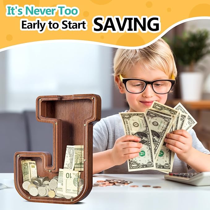 Summidate Large Wooden Piggy Bank for Kids Adults, Alphabets Letter A-Z Piggy Bank for Boys Girls, Coins Bills Change Bank Box Personalized Initial Name Kids Money Bank for Birthday Present and Decor