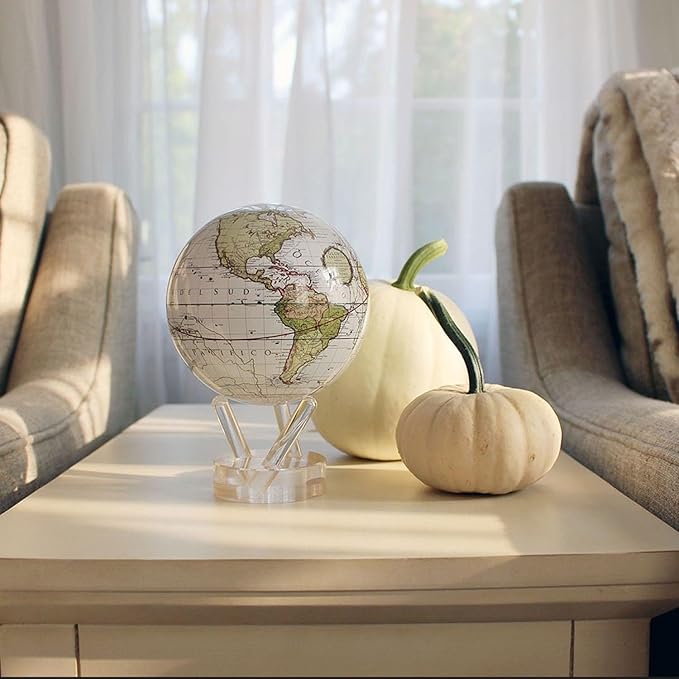 MOVA Globe – Antique Terrestrial White 4.5” | Solar-Powered Spinning Globe for Desk or Shelf | Vintage Map Decor | No Batteries or Cords