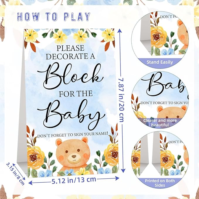 146 Pcs Baby Shower Game Sign Set Includes Decorative Square 54 DIY Blank Wooden Blocks 24 Paint Markers 27 Page Baby‘s First ABC Book (Blue Bear)