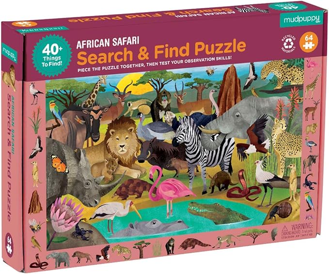 Mudpuppy African Safari — 64 Piece Search & Find Puzzle Jigsaw Puzzle Featuring Diverse Safari Animals and Over 40 Hidden Images to Find for Ages 4+