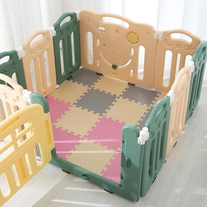 Foam Floor Mat, Solid Colored Play Mat, Non-Toxic Interlocking Foam Puzzle Floor Mats, 0.4" Thick Square Kids Playmat丨47x47 Play Mat for Playpen (Beige/Gray/Pink)