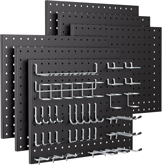 INCLY 90PCS Pegboard Wall Organizer, 6 Pack Metal Peg Board Panels with 1/4" Pegboard Hooks Accessories Kit, Black Peg Board for Walls Home, Garage Tool Storage, Workbench Organization