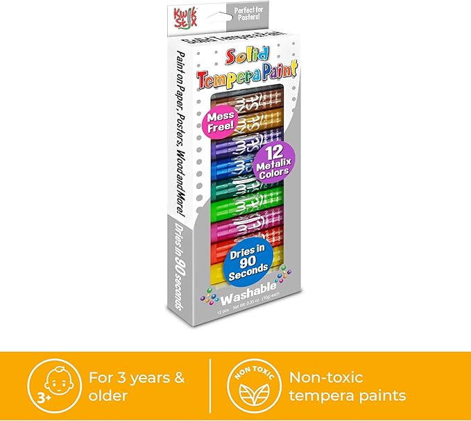 Kwik Stix Solid Tempera Paint Sticks, 12 Metallic Colors, Washable Paint Sticks for Kids, Super Quick Drying, Non-Toxic, Allergen Free, Paint Sticks in Metallic Colors, Paint for Kids and Toddlers