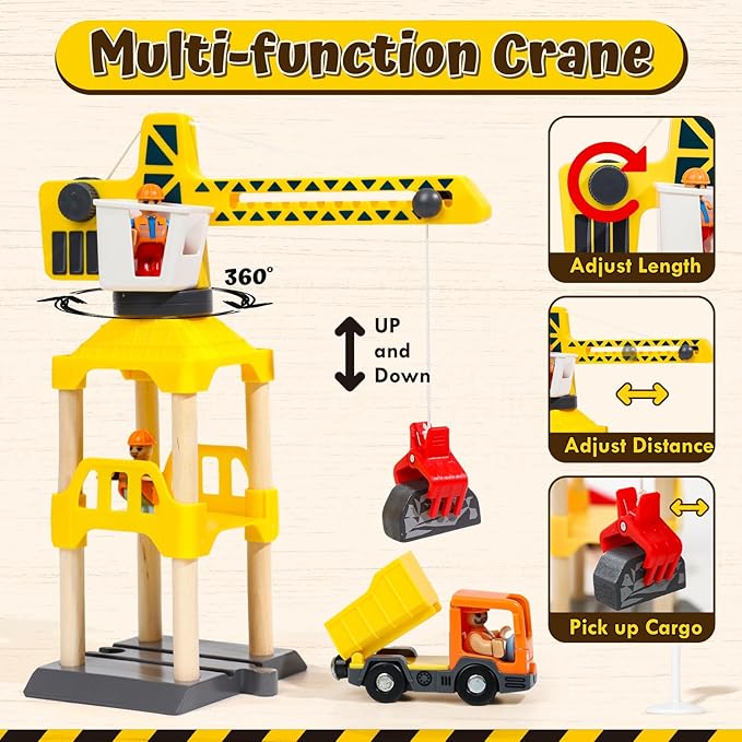 Lehoo Castle Wooden Train Set, Construction Toys Train Set for Toddlers 2-4, Wooden Train Track for Kids w/Crane, Railway Playset Toys for 3 Year Old Boys Girls