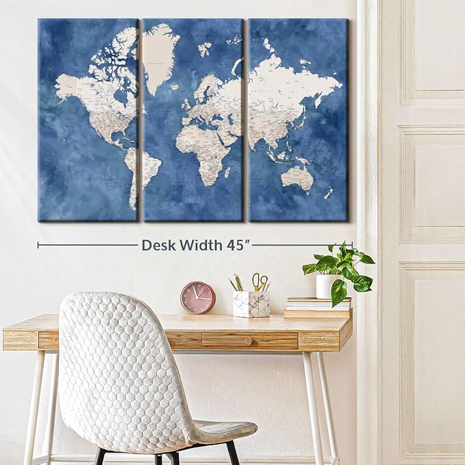 ElephantStock Detailed World Map With Cities I Wall Art - Horizontal Canvas - 3-Piece Living Room Decor - Watercolor Map Canvas Print - Beige and Blue Wall Decor by Blursbyai - 45" X 28"