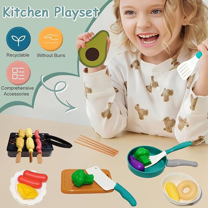Kids Kitchen Toy Accessories, 61PCS Toddler Pretend Cooking Play Pots, Kitchen Playset, Play Pots, Pans, Utensils Cookware Toys, Play Food Set, Vegetables, Learning Gift for Girls Boys (Green)