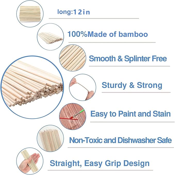 1/2 x 12 Inch 25PCS Dowel Rods Wood Sticks Wooden Dowel Rods -Unfinished Bamboo Sticks - for Crafts and DIYers