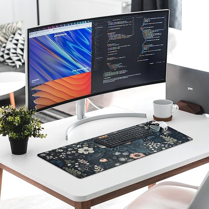 Dark Flower, Floral Plants Mouse Pad, Aesthetic Wildflowers Desk Pad, Gaming Mouse Pad, Non-Slip Rubber Base, Stitched Edges，31.5x11.8 inch Computer Mouse Mat Keyboard for Home Office
