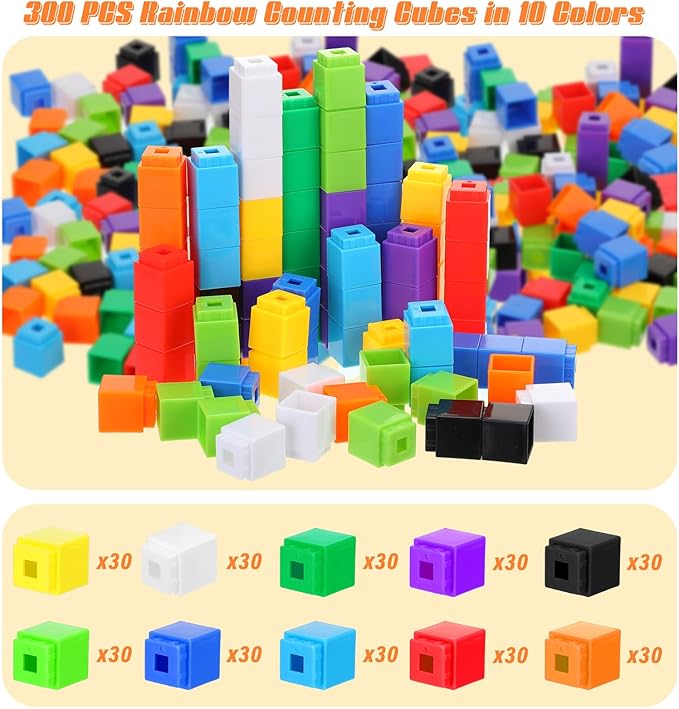 Jenaai 300 Pcs Counting Cubes, Plastic Connecting Blocks, Colorful Math Cubes, Math Manipulatives Classroom Learning Supplies, Preschool Learning Materials, Counting Toys(Simple Style)