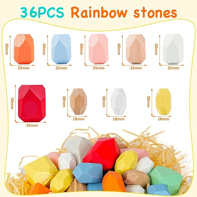OPPA 36PCS Wooden Stacking Rocks, Montessori Sensory Toys for Toddlers, Building Rocks Stones Games,Stacking Stones for Kids Gifts