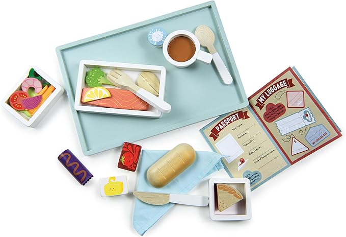 Tender Leaf Toys - Airline Meal Tray - Wood Pretend Play Food Set for Imaginary Travel - Includes 3-Course Plane Meal, Accessories and Passport - Encourages Imaginative Play, Language Skills - Age 3+