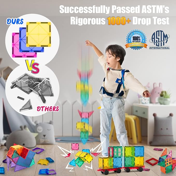 Magnetic Tiles - 104 Pieces Magnetic Blocks for Kids, Magnet Tiles Building Blocks Set with 2 Cars, Construction STEM Toys Gift for Kids Boys 3 4 5 6 7 8 9+ Year Old