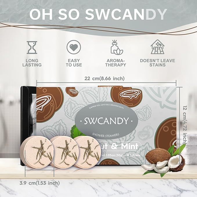 Aromatherapy Shower Steamers Birthday Day Gifts Coconut Mint - Swcandy 8 Pcs Bath Bombs Birthday Gifts for Women, Shower Bombs with Essential Oils, Relaxation Home SPA for Women Who Has Everything