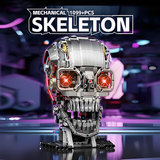 Mechanical Skull Building Block Set 3D Poseable Model with Mandibular Teeth Bite Drive can be driven by hand or motor for STEM Toys for Kids & Adults Perfect for Horror Fans & Gothic Room Decor
