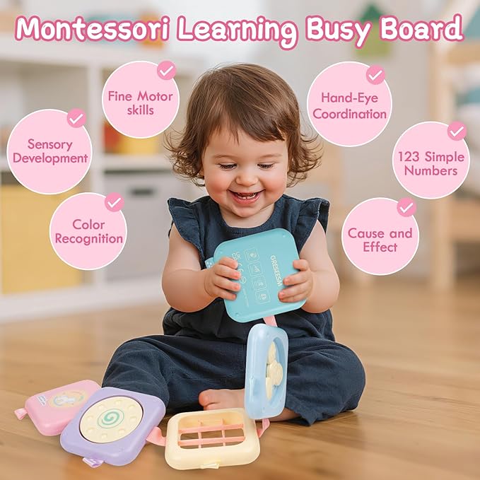 Montessori Toys for 1 Year Old Girls Gifts, Toddler Busy Board, Baby Learning Travel Sensory Toys for Toddlers 1-3, 1st Birthday Gifts, Easter Basket & Stocking Stuffer, Macarons