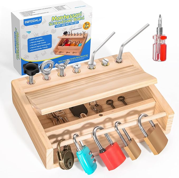 Montessori Screwdriver Board Set-Lock and Key Toy,Montessori Busy Board Toys for 3 4 5 Year Old,Kids Tool Set,Preschool Learning Sensory - Fine Motor Skills - STEM Toys