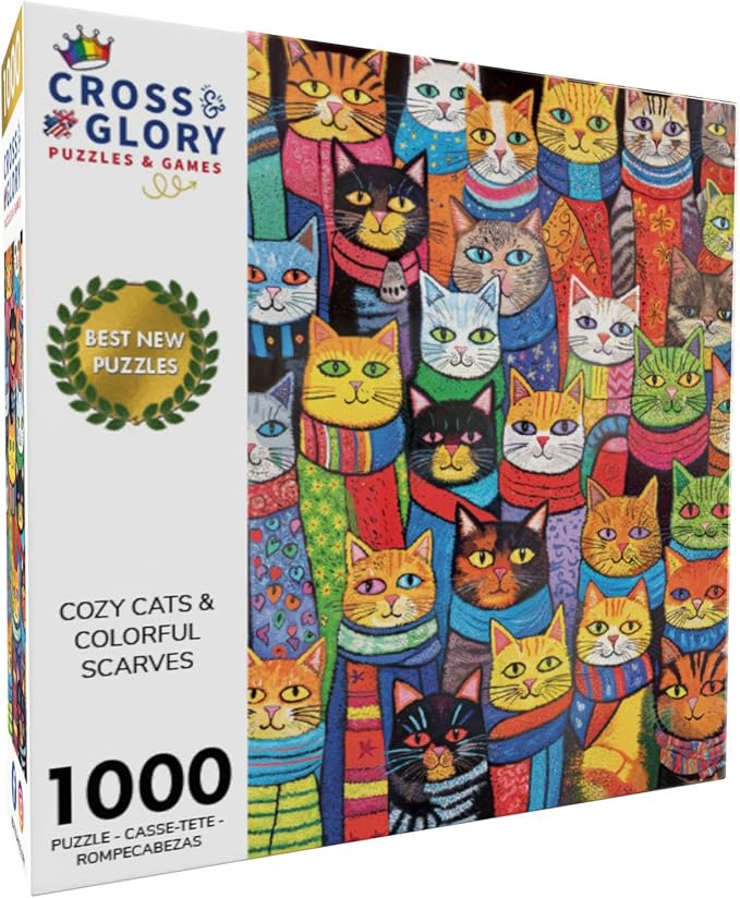 Cross & Glory - Cozy Cats & Colorful Scarves - 1000 Piece Jigsaw Puzzle for Adults | Whimsical Cat Puzzle | Vibrant and Challenging Puzzle for Cat Lovers