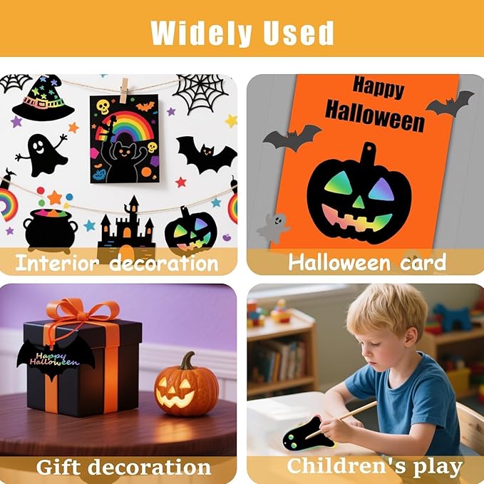 Naturahand 50 Rainbow Scratch Paper with 10 Wooden Scratch Sticks and 50 Red String, Pumpkin Bat Shaped Scratch Off Cards for Halloween DIY Decorations and Art Party Favors(H-2)