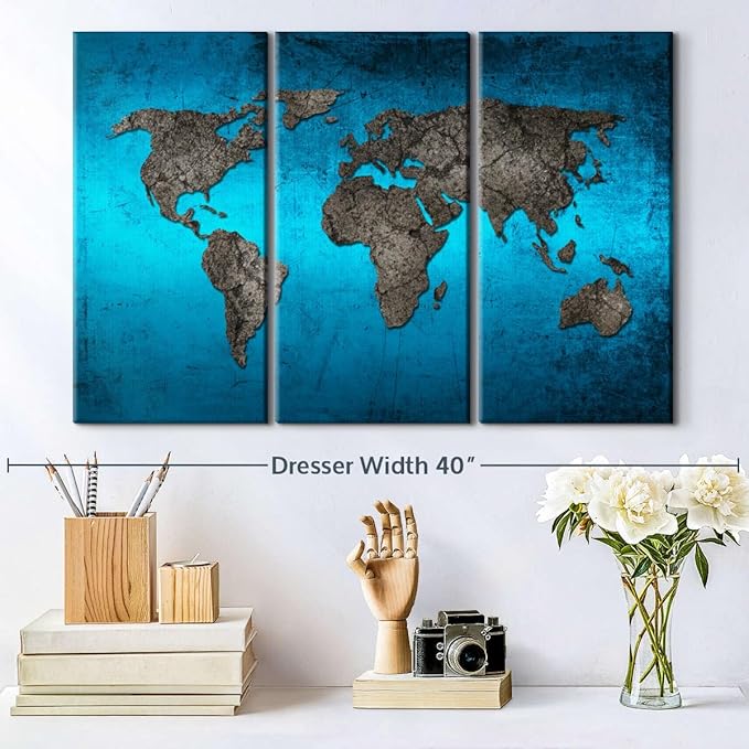 ElephantStock Ocean World Map Multi Piece Canvas - 3 Panel Wall Decor - Map of the World Art - Canvas for the Office and Home - 33" X 20"