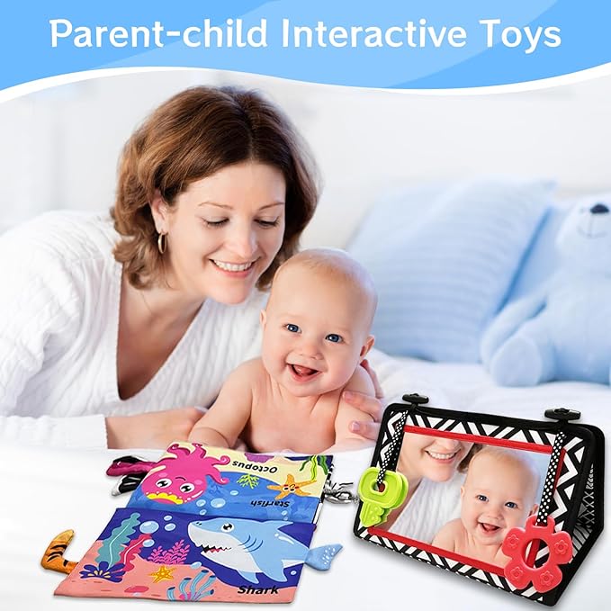 Tummy Time Mirror Newborn Toys: Black and White Infant Tummy Time Toys 0-3 0-6 6-12 Months Babies High Contrast Baby Toy with Baby Book & Teethers Montessori Sensory Floor Toy for Boy Girl Baby Gifts