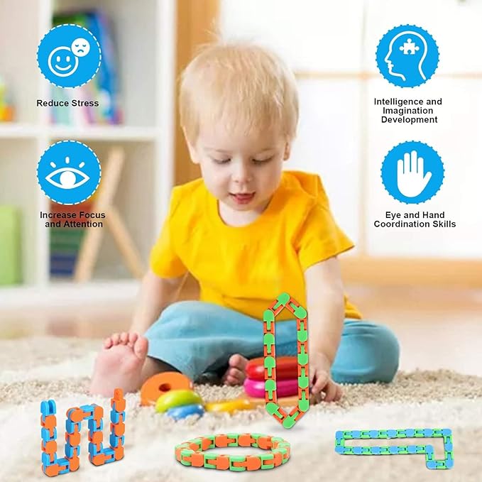 8Pcs 24Links Fidgets Wacky Tracks Fidget Toys for Kids Classroom Students Gifts School Stocking Stuffers Plastic Sensory Autism Snap Fidget Click Snake Toys for Adults Travel Stress Relief 11inch