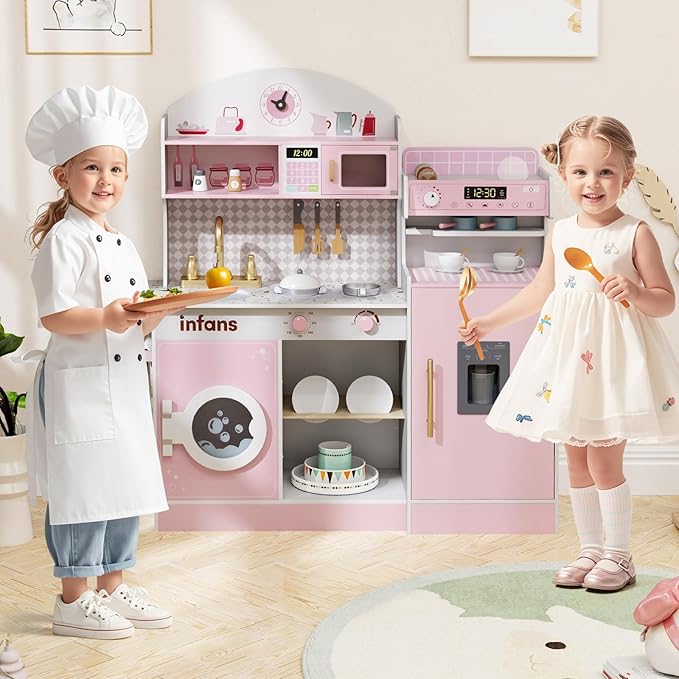 INFANS Kids Kitchen Playset, Toddler Wooden Kitchen Pretend Cooking Toy Set with Coffee Maker Ice Machine Dishwasher Microwave Storage Cabinet, Simulation Play Kitchen for Boys Girls 3+ (Pink)