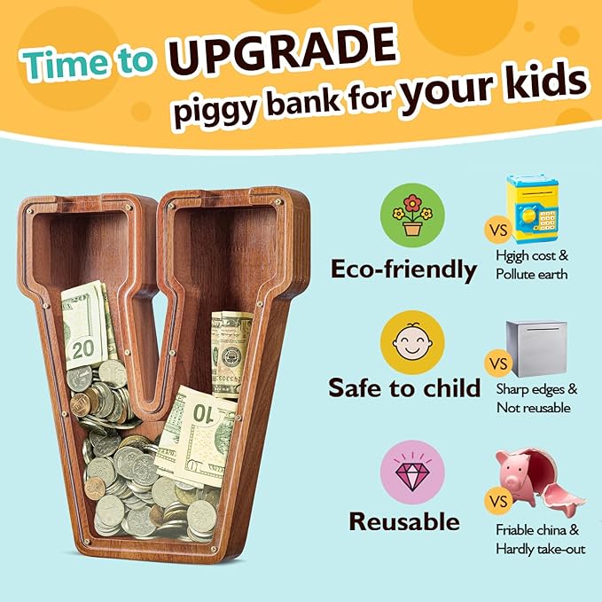 Summidate Customized Name Extra Large Wooden Piggy Bank for Kids Boys Girls Alphabets Letter A-Z Coins Bills Money Change Saving Box Clear Cover (Laser Engraved) Educational Toys 12"- Letter V