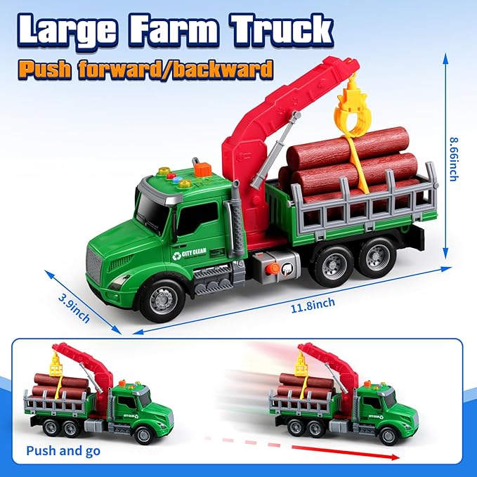 Kids Toys for 3 4 5 6 Year Old Boys,Farm Logging Truck Toy with Loading Crane and 6 Trunks, Lights&Sounds,Friction Powered Truck Kids Birthday Gifts for Boys Girls