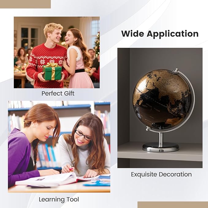 Goplus 8-Inch Metallic Black World Globe, Rotating Earth Globe w/Metal Stand, Modern Desktop Decoration for Home, Office (Black + Gold)