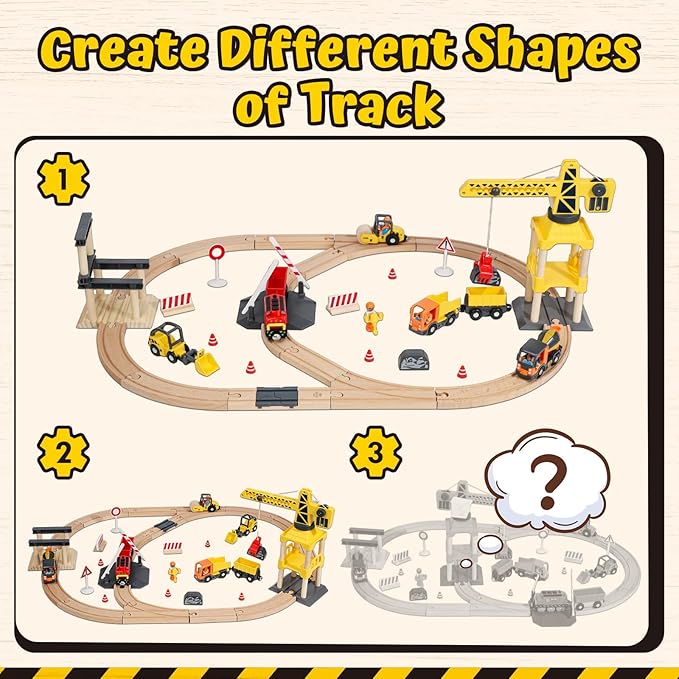 Lehoo Castle Wooden Train Set, Construction Toys Train Set for Toddlers 2-4, Wooden Train Track for Kids w/Crane, Railway Playset Toys for 3 Year Old Boys Girls