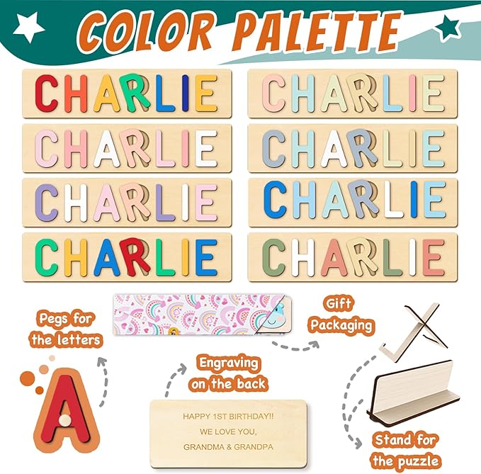Name Puzzle for Kids Personalized, Custom Name Puzzle, Personalized Baby Birthday Gift,Name Puzzles for Toddlers 1-3 Montessori Toy for 1-3 (Jungle Animal)