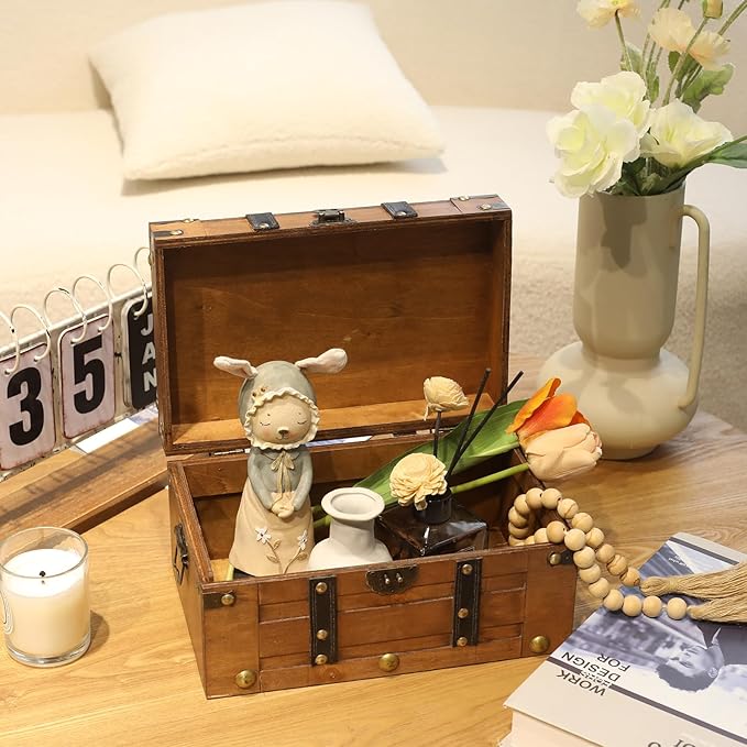 Deluxe Wooden Treasure Chest - 11" x 7.1" x 5.5", Elegant Storage Box with Sturdy Hinged Lid, Vintage-Inspired Decorative Trunk for Keepsakes, Brown