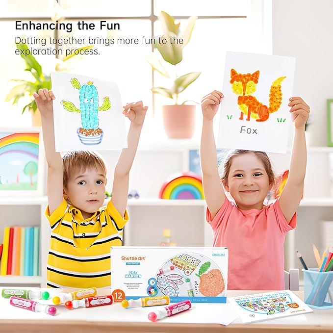 Shuttle Art Dot Makers, 12 Colors Bingo Daubers with 20 Unique Patterns of Dot Book for Toddler Art Activities, Non-Toxic Washable Coloring Markers for Preschool Kids Learning