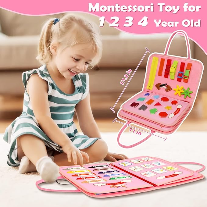 MAJAVI Busy Board Montessori Toys for 1 2 3 4 Year Old, Busy Book Sensory Toy for Toddlers Learning Fine Motor Skills, Educational Activities Airplane Car Travel Toy for Baby Boys Girls, Pink