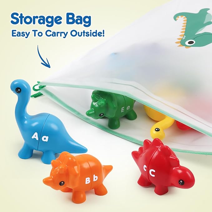 Alphabet Dinosaurs Matching Letters Toy, 26 PCS Double-Sided ABC Dinosaur with Uppercase Lowercase, Match and Snap Fine Motor Game Preschool Learning Toys Gifts for Kids Back to School Goodies