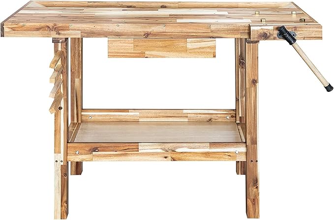 Olympia Tools 48-Inch Acacia Hardwood Workbench with Drawer - 330lbs Weight Capacity Heavy Duty Portable Wood Work Bench Table for Garage, Workshop, Home Storage - Woodworking Wooden Workbenches